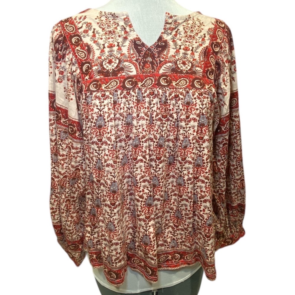 Rachel Zoe Red Paisley Floral Boho Peasant Blouse Balloon Sleeve Cottagecore